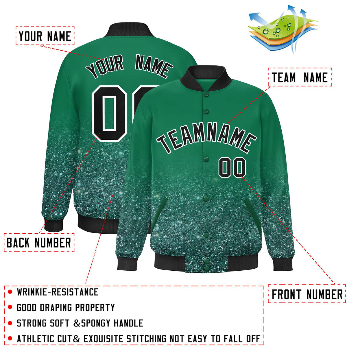 Custom Kelly Green Varsity Full-Snap Sparkle-Effect Pattern Letterman Baseball Jacket