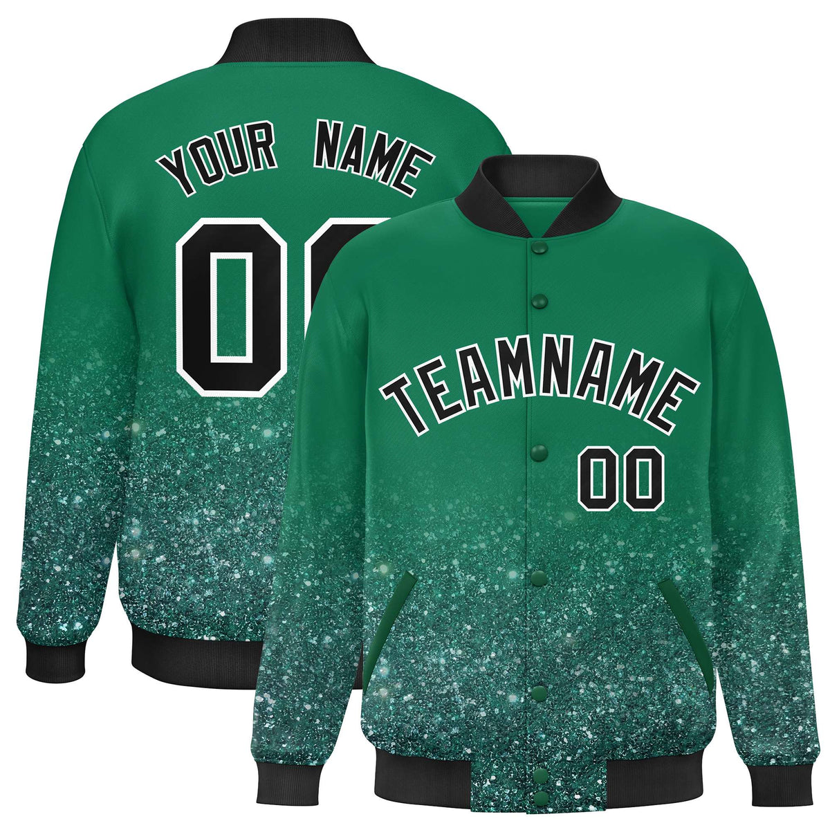 Custom Kelly Green Varsity Full-Snap Sparkle-Effect Pattern Letterman Baseball Jacket