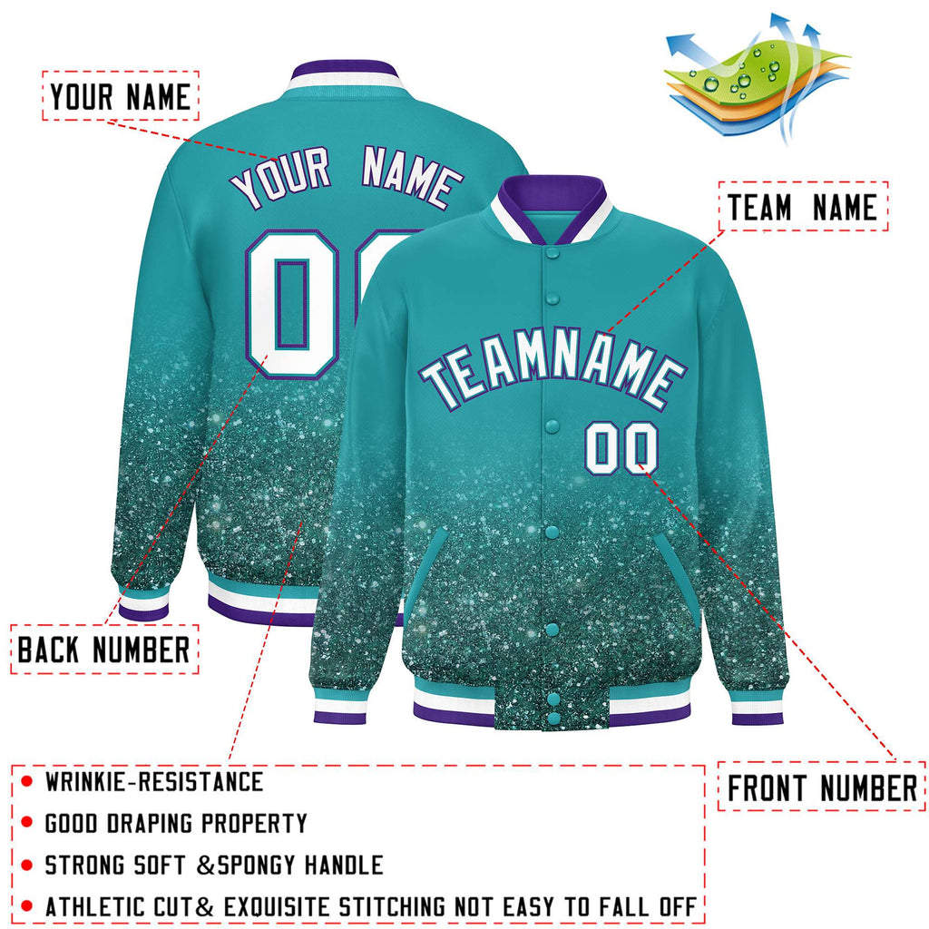 Custom Aqua Varsity Full-Snap Sparkle-Effect Pattern Letterman Baseball Jacket
