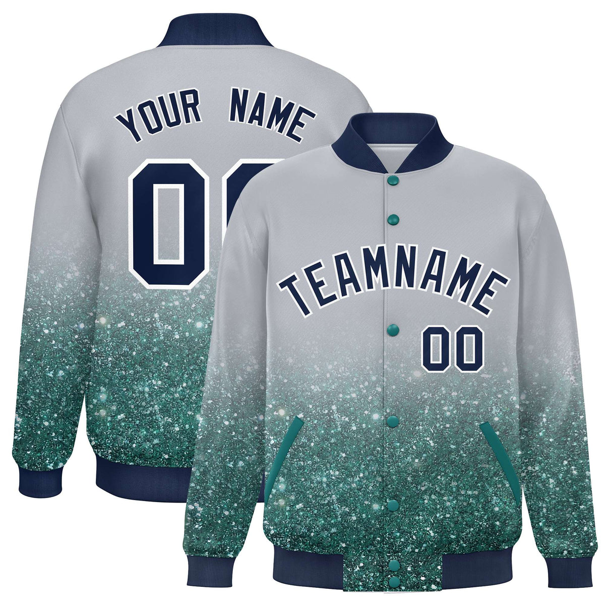 Custom Gray Varsity Full-Snap Sparkle-Effect Pattern Letterman Baseball Jacket