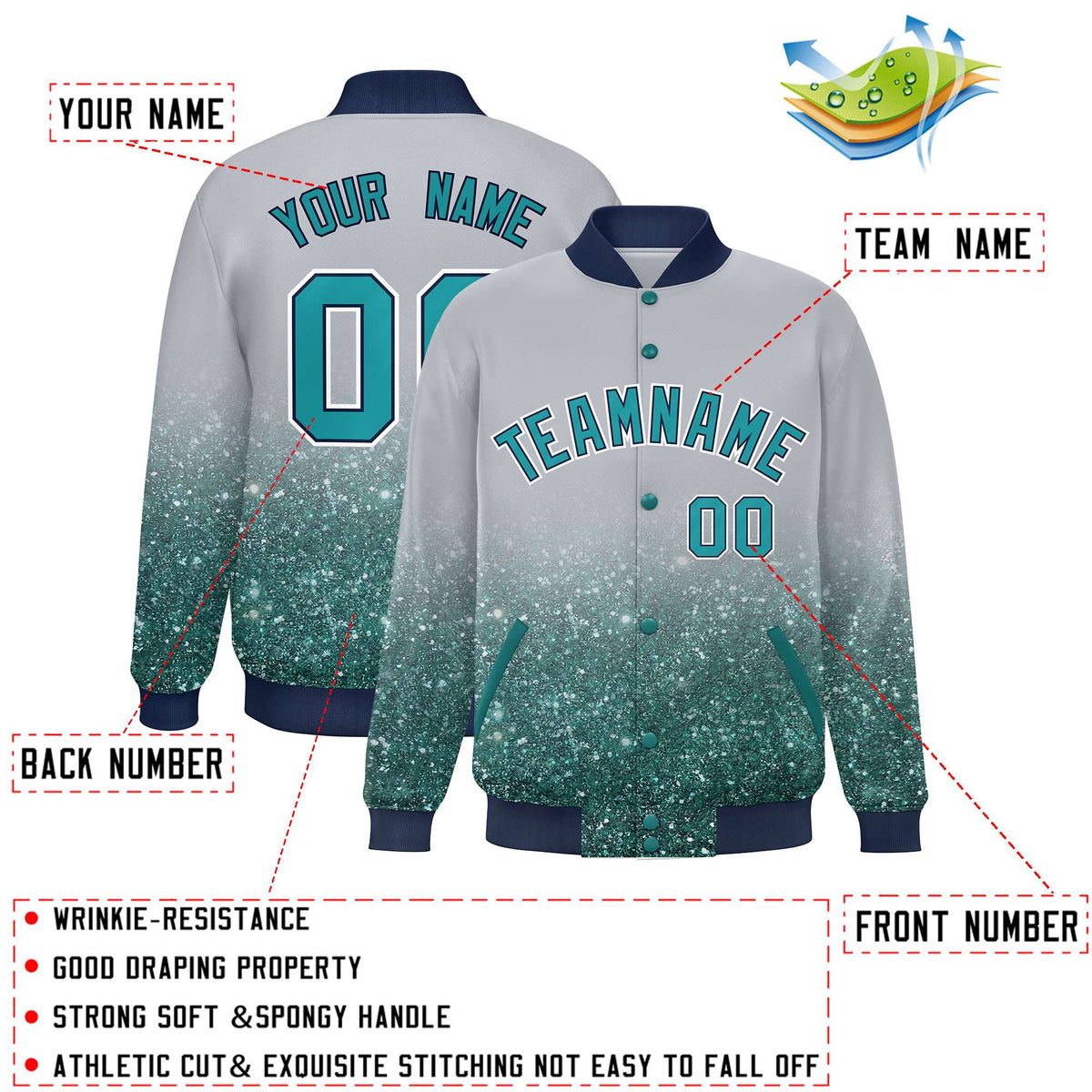Custom Gray Varsity Full-Snap Sparkle-Effect Pattern Letterman Baseball Jacket