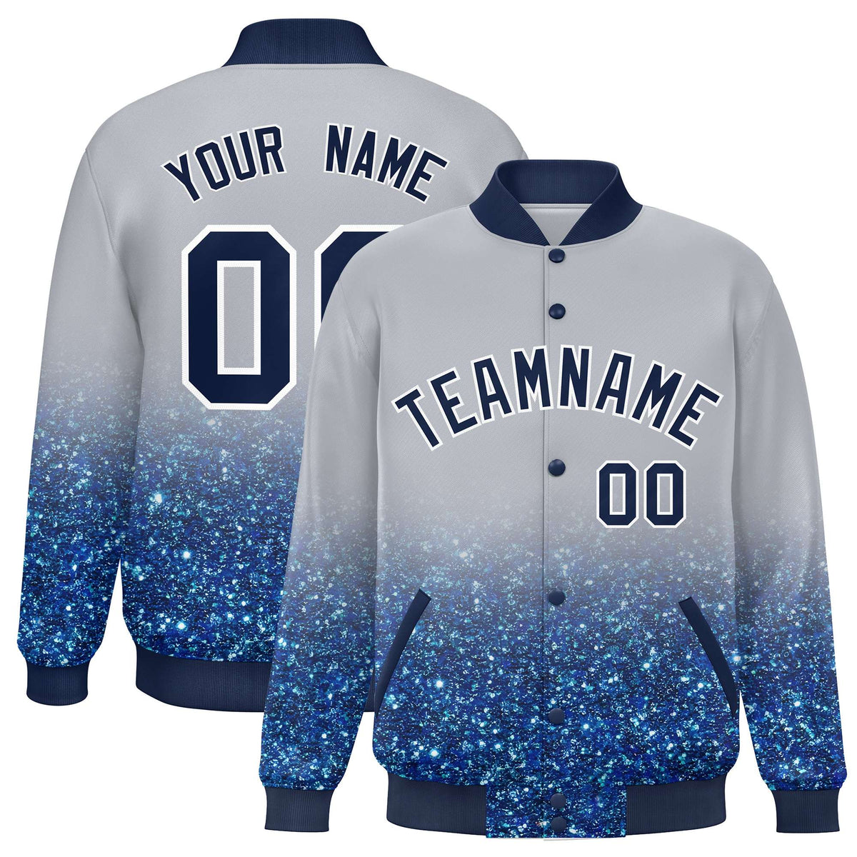 Custom Gray Varsity Full-Snap Sparkle-Effect Pattern Letterman Baseball Jacket
