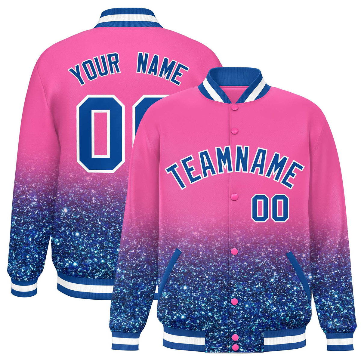 Custom Pink Varsity Full-Snap Sparkle-Effect Pattern Letterman Baseball Jacket