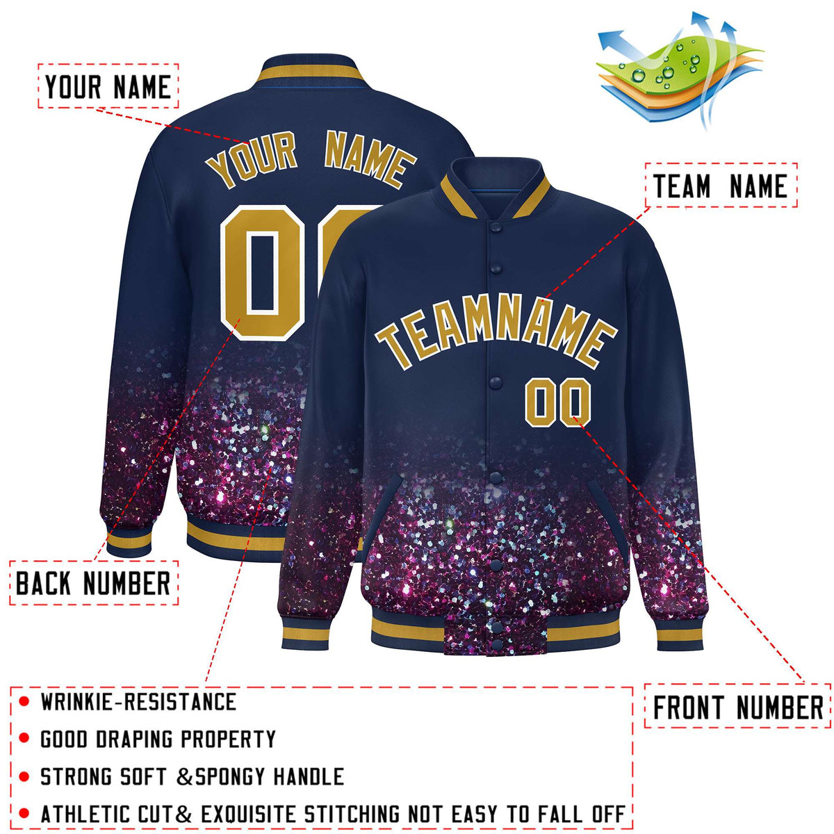 Custom Navy Varsity Full-Snap Sparkle-Effect Pattern Letterman Baseball Jacket