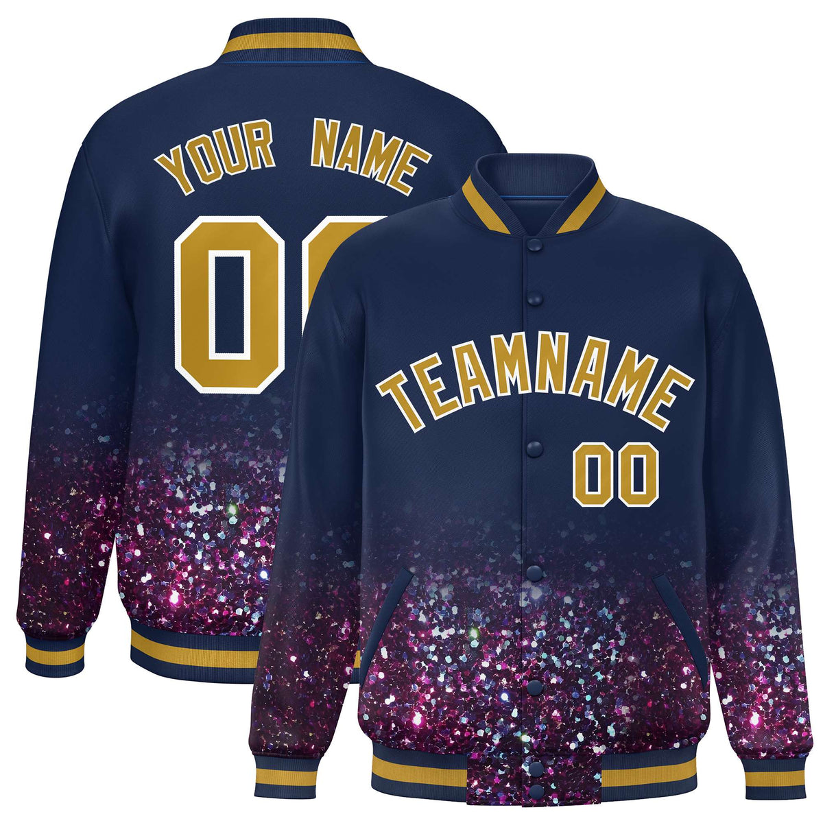 Custom Navy Varsity Full-Snap Sparkle-Effect Pattern Letterman Baseball Jacket