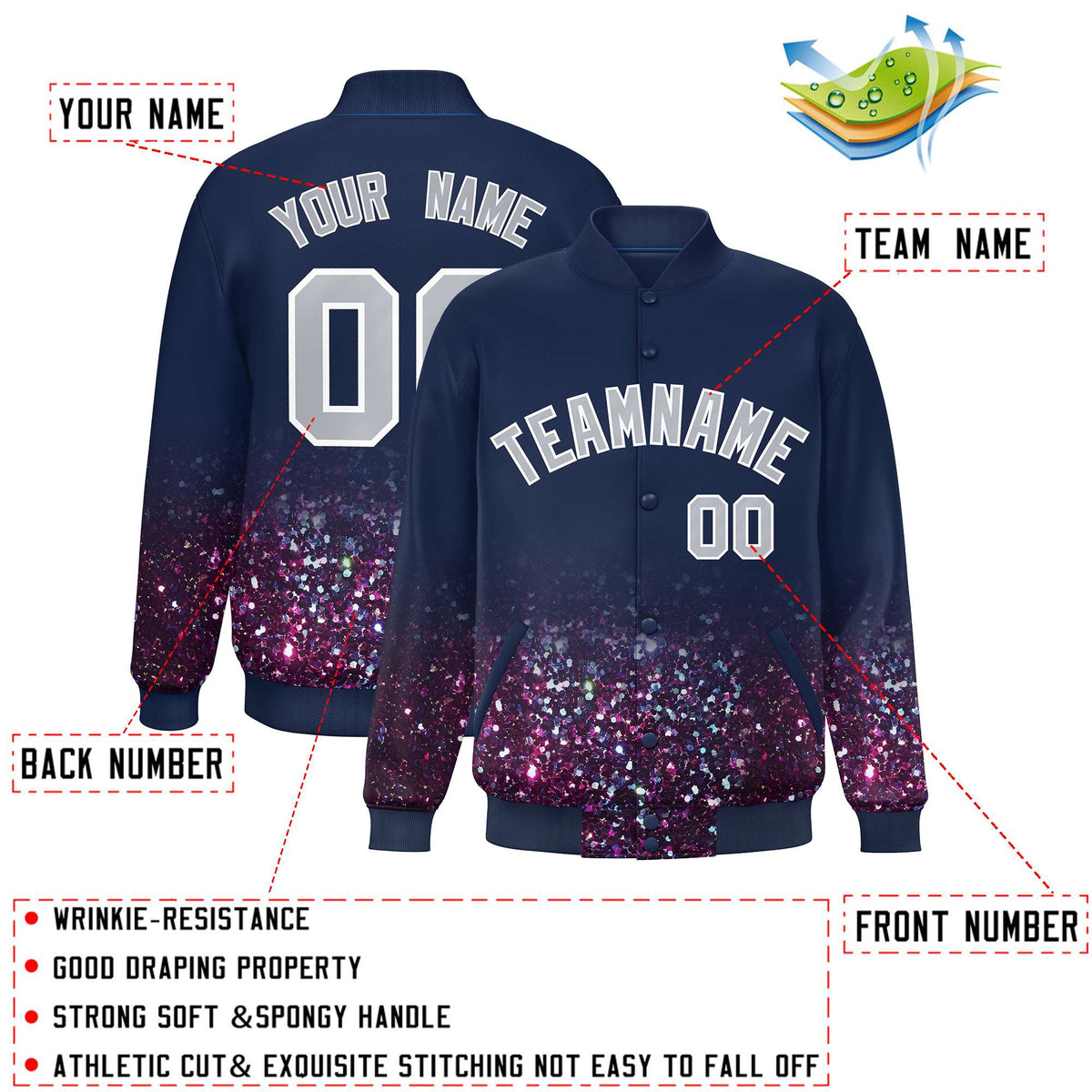 Custom Navy Varsity Full-Snap Sparkle-Effect Pattern Letterman Baseball Jacket