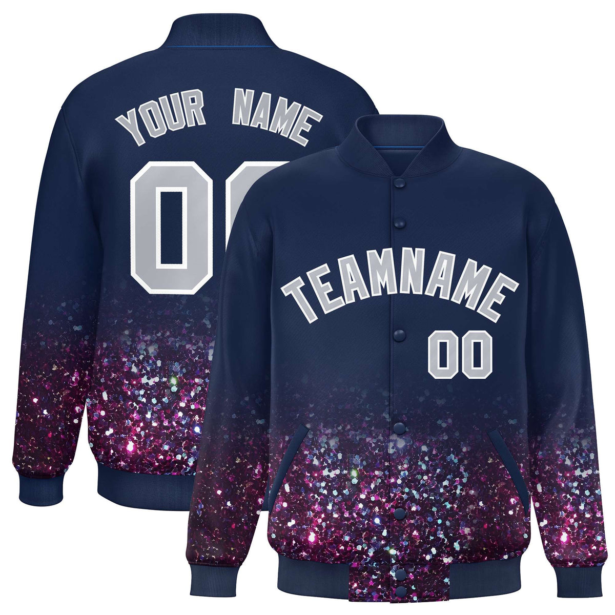 Custom Navy Varsity Full-Snap Sparkle-Effect Pattern Letterman Baseball Jacket