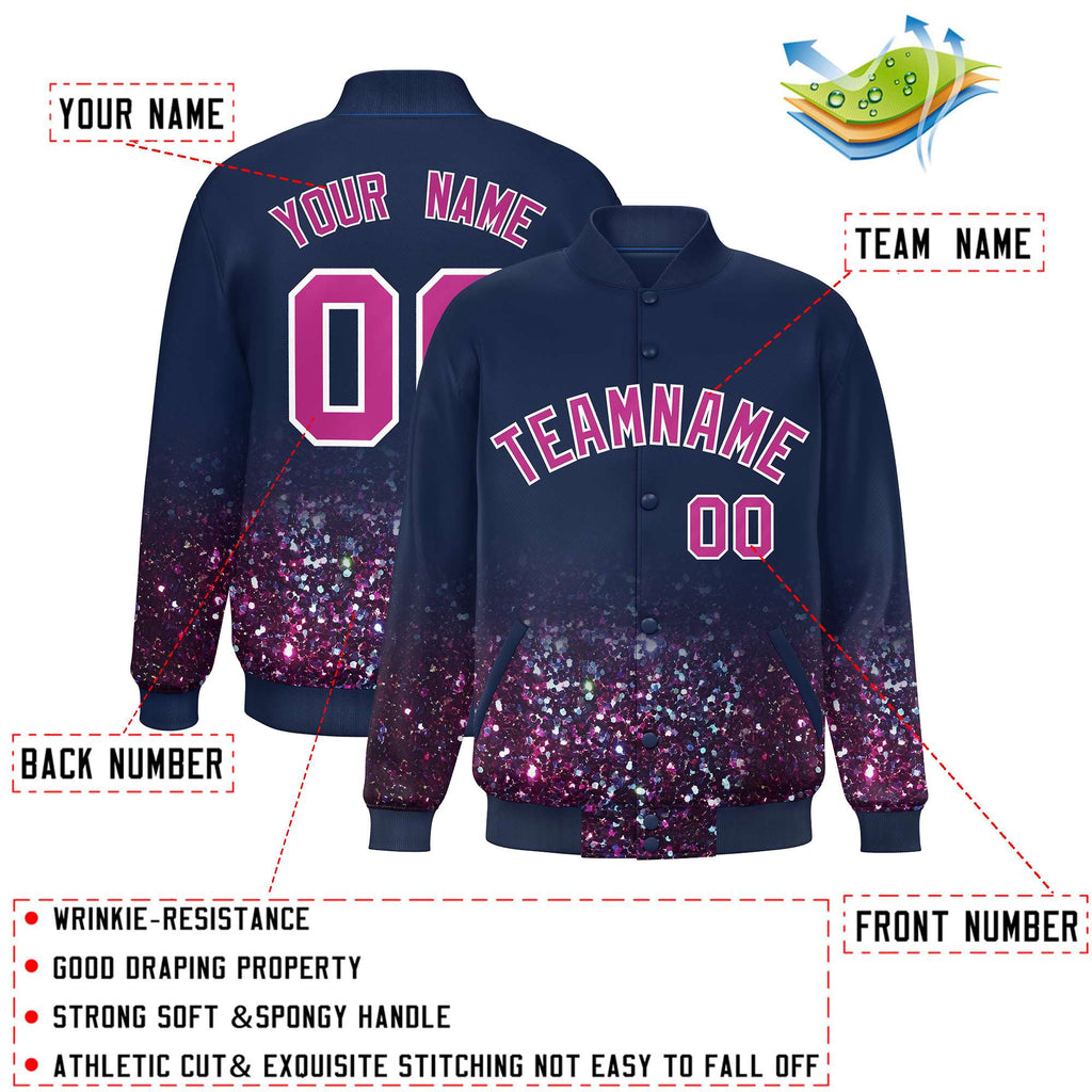 Custom Navy Varsity Full-Snap Sparkle-Effect Pattern Letterman Baseball Jacket
