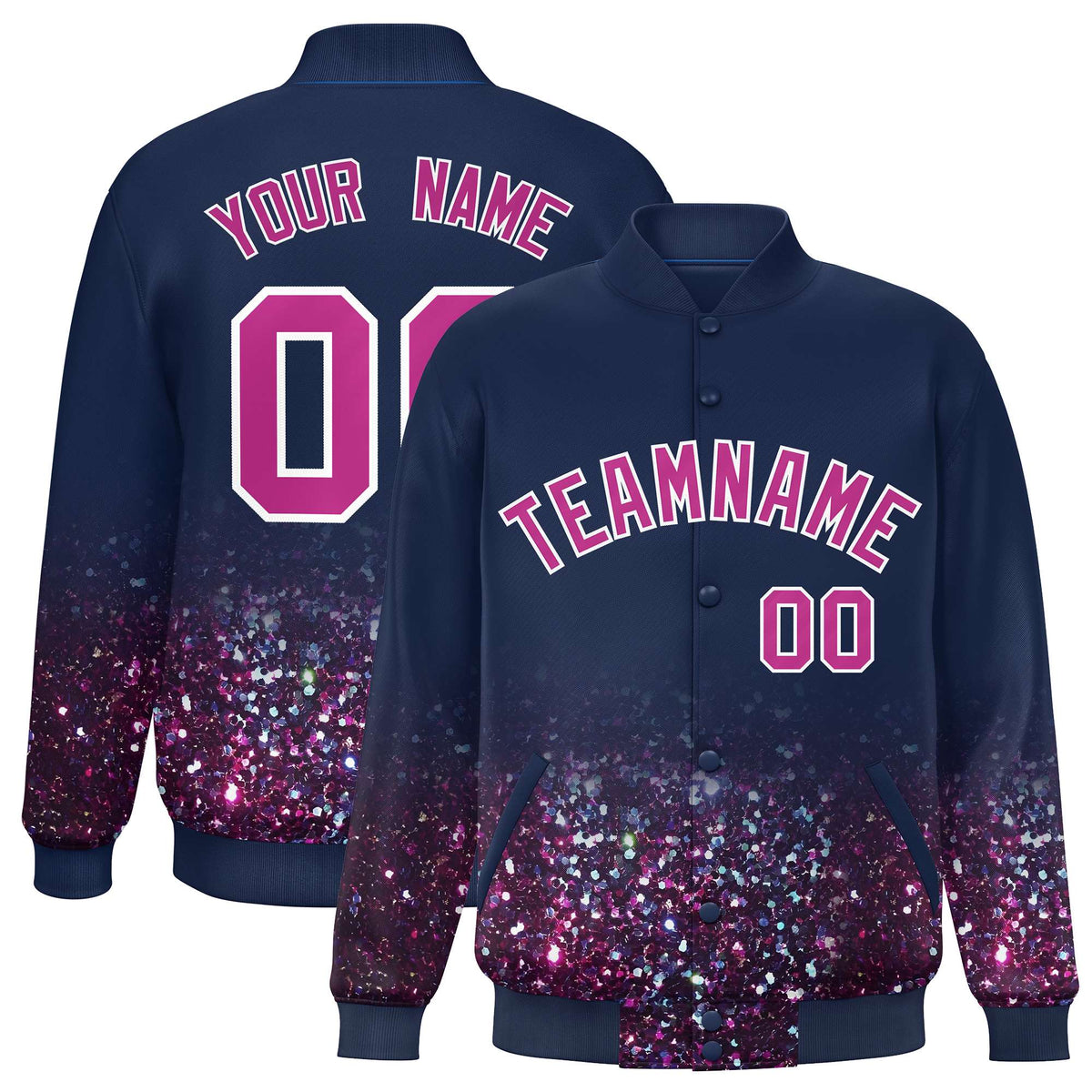 Custom Navy Varsity Full-Snap Sparkle-Effect Pattern Letterman Baseball Jacket