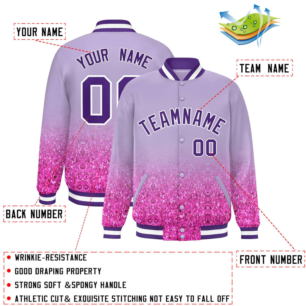 Custom Light Purple Varsity Full-Snap Sparkle-Effect Pattern Letterman Baseball Jacket