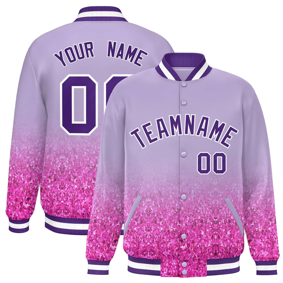 Custom Light Purple Varsity Full-Snap Sparkle-Effect Pattern Letterman Baseball Jacket