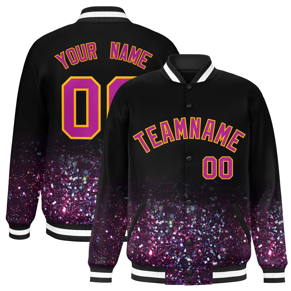 Custom Black Varsity Full-Snap Sparkle-Effect Pattern Letterman Baseball Jacket