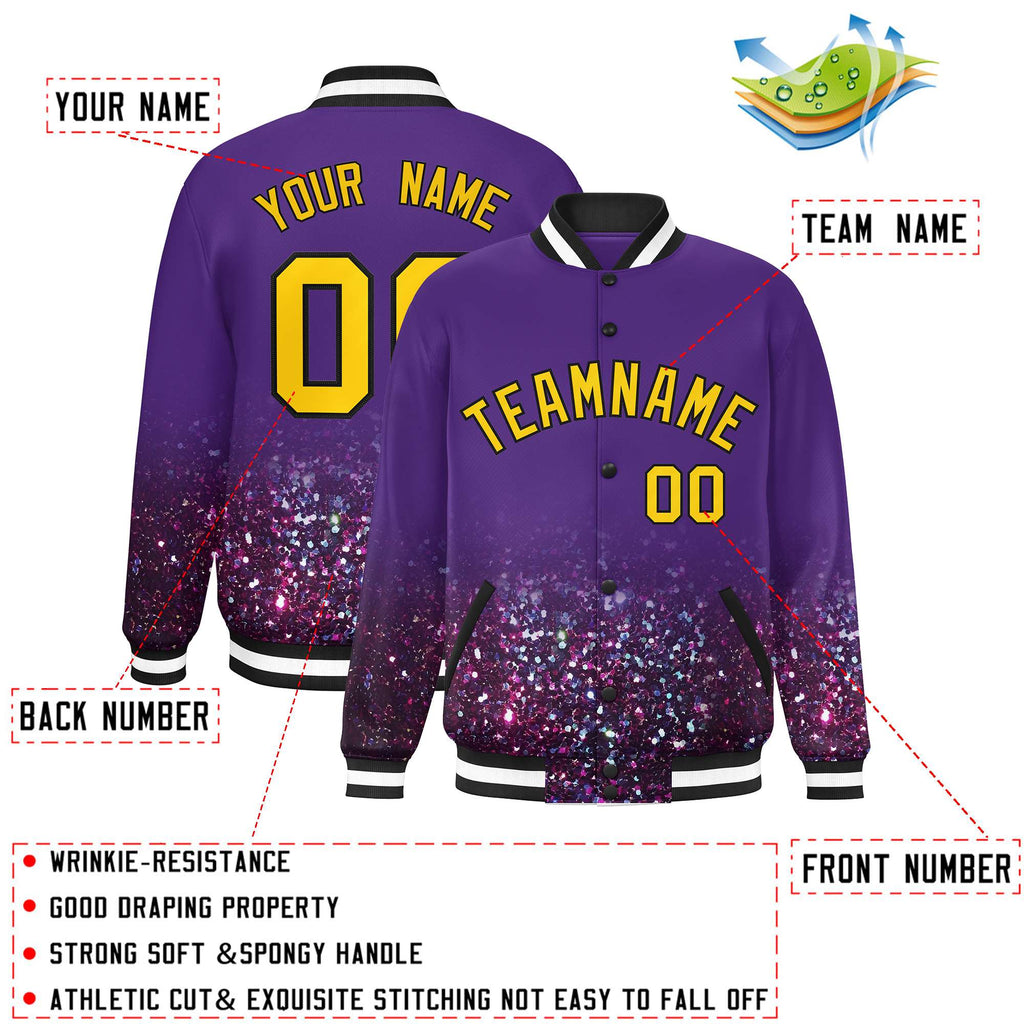 Custom Purple Varsity Full-Snap Sparkle-Effect Pattern Letterman Baseball Jacket