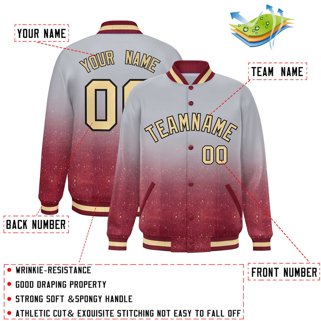 Custom Gray Varsity Full-Snap Sparkle-Effect Pattern Letterman Baseball Jacket