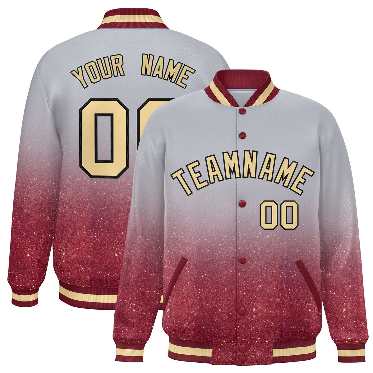 Custom Gray Varsity Full-Snap Sparkle-Effect Pattern Letterman Baseball Jacket