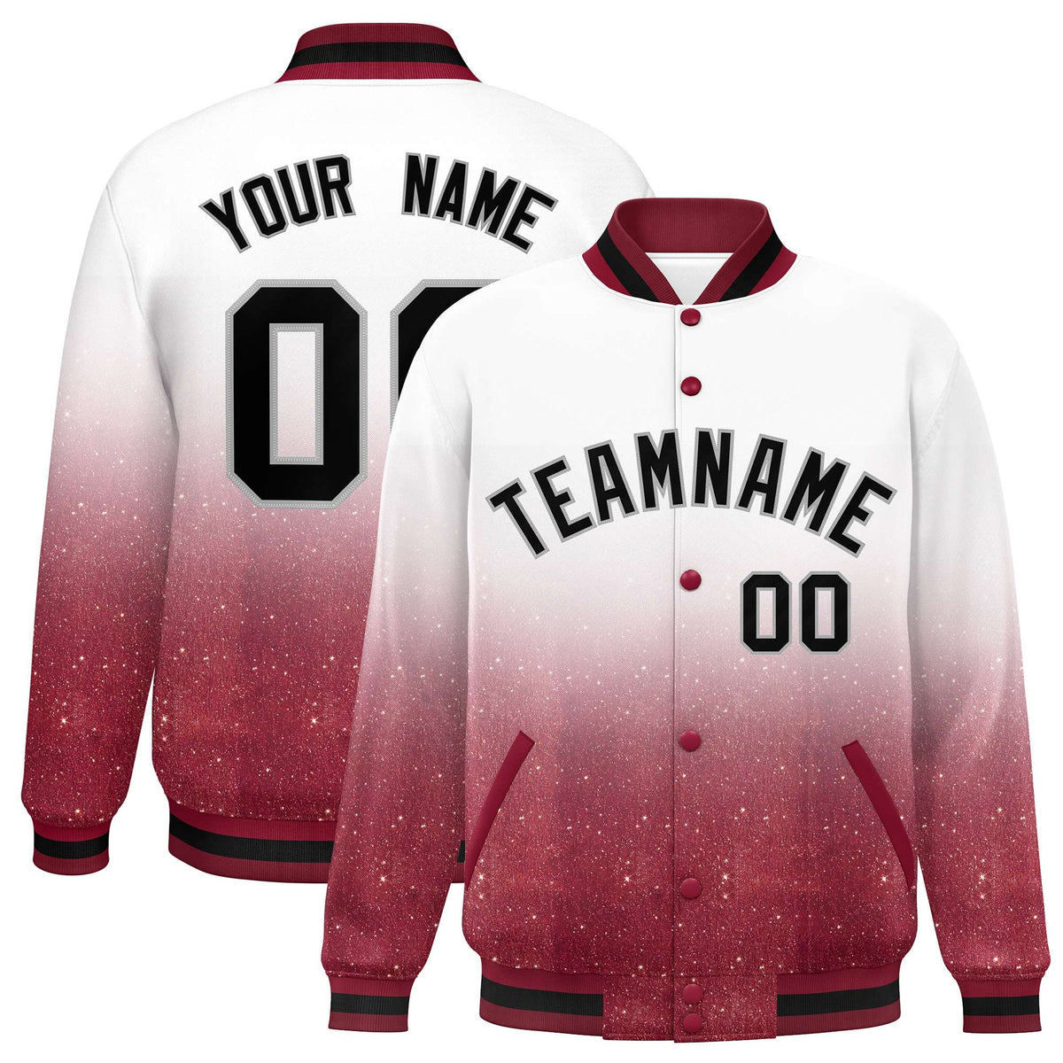 Custom White Varsity Full-Snap Sparkle-Effect Pattern Letterman Baseball Jacket