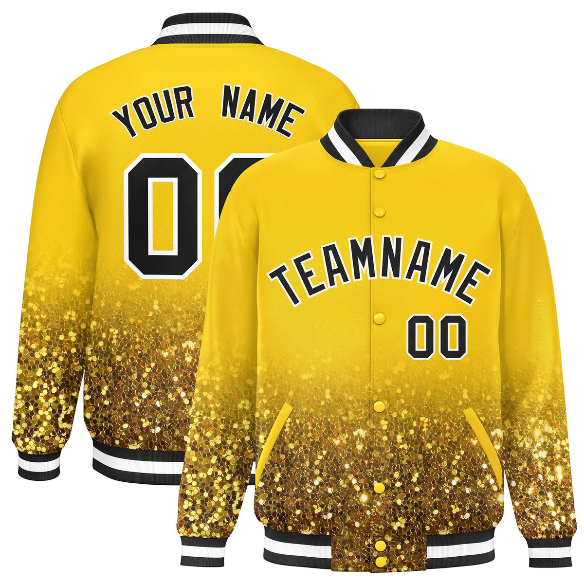 Custom Gold Varsity Full-Snap Sparkle-Effect Pattern Letterman Baseball Jacket