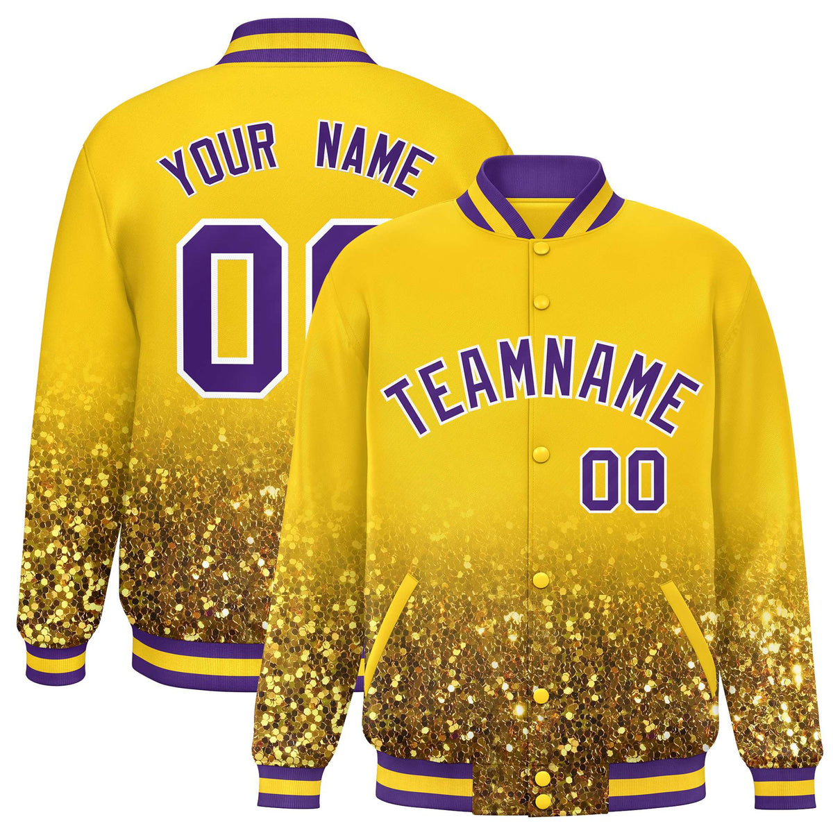 Custom Gold Varsity Full-Snap Sparkle-Effect Pattern Letterman Baseball Jacket