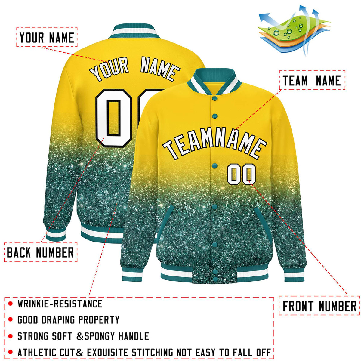 Custom Gold Varsity Full-Snap Sparkle-Effect Pattern Letterman Baseball Jacket