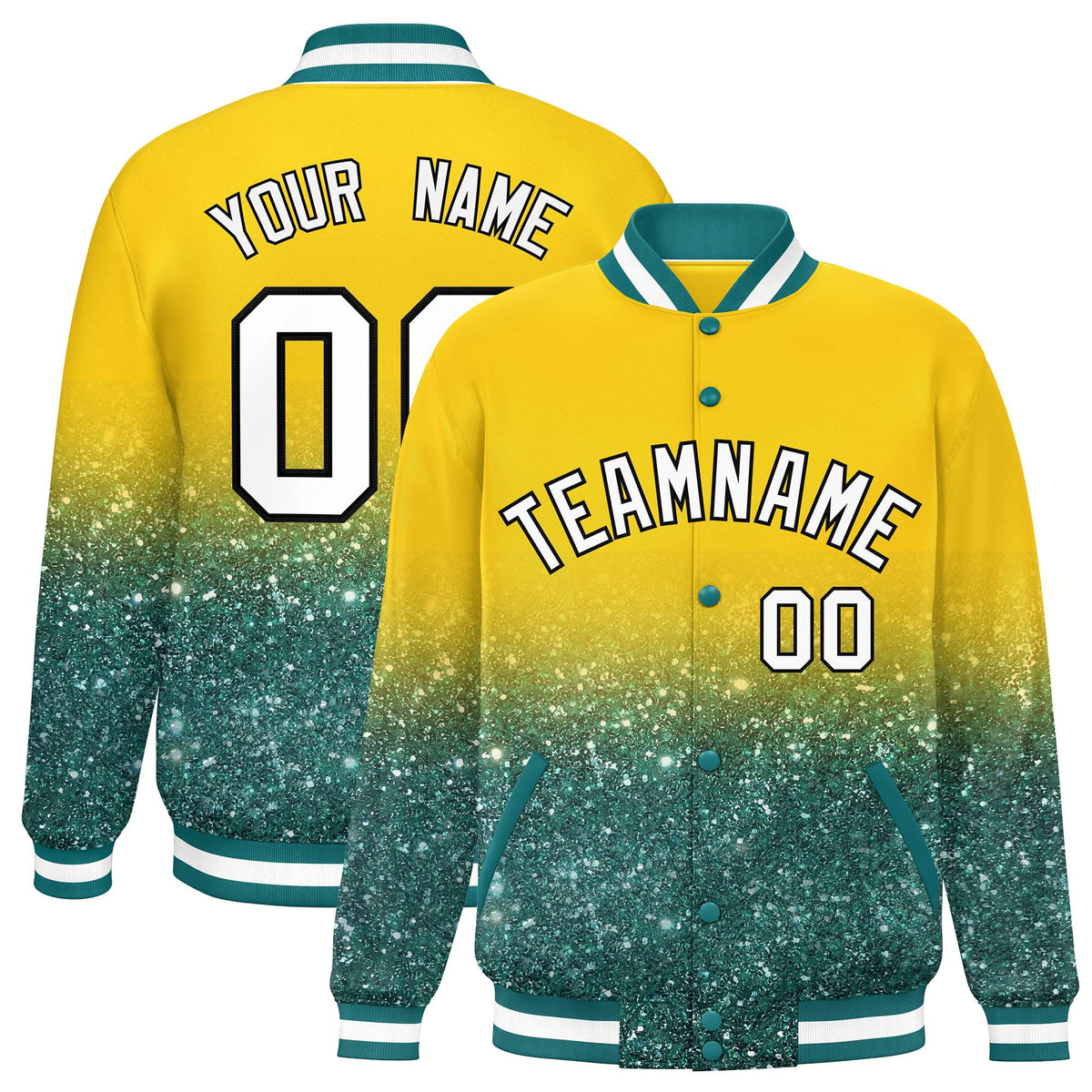 Custom Gold Varsity Full-Snap Sparkle-Effect Pattern Letterman Baseball Jacket