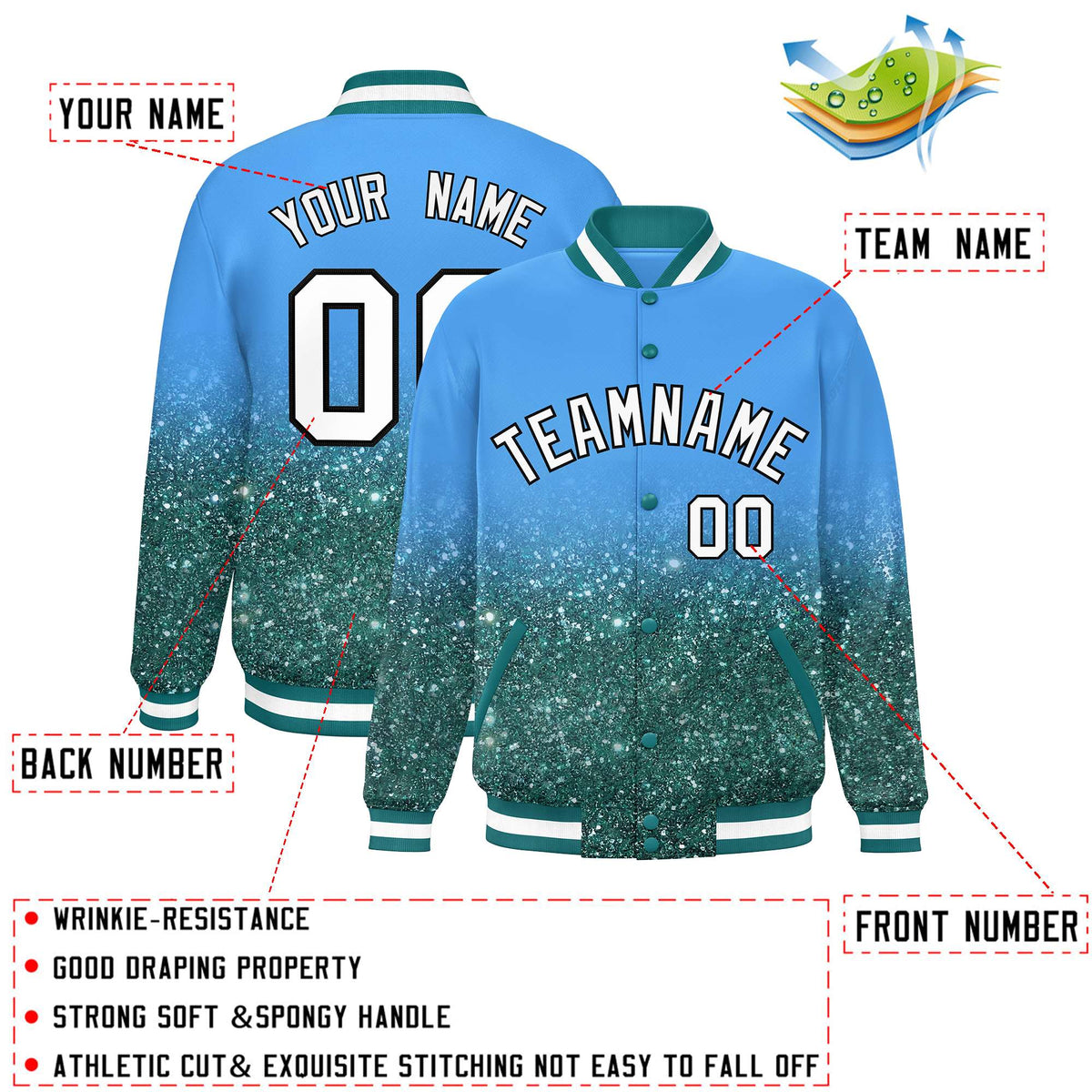 Custom Powder Blue Varsity Full-Snap Sparkle-Effect Pattern Letterman Baseball Jacket