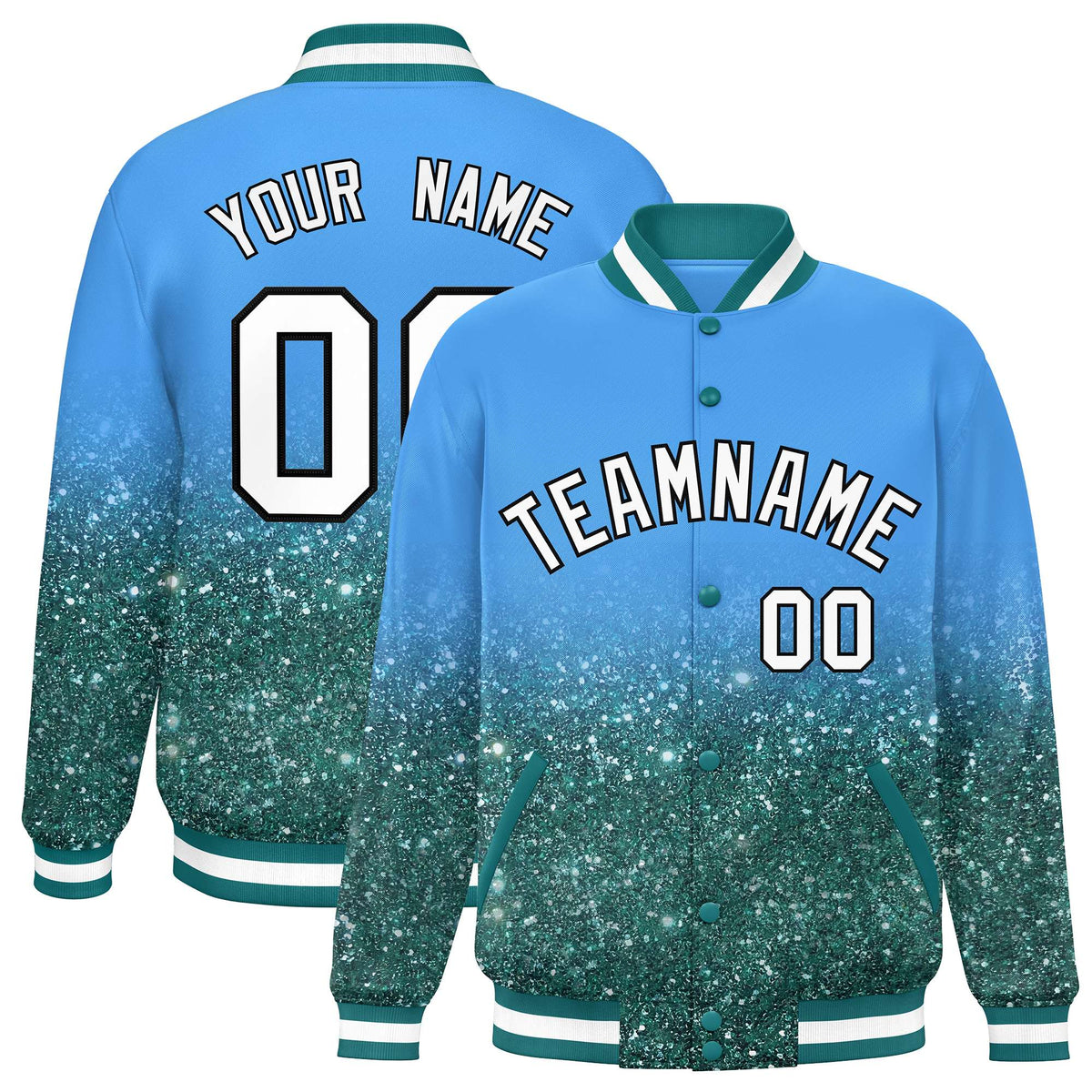 Custom Powder Blue Varsity Full-Snap Sparkle-Effect Pattern Letterman Baseball Jacket
