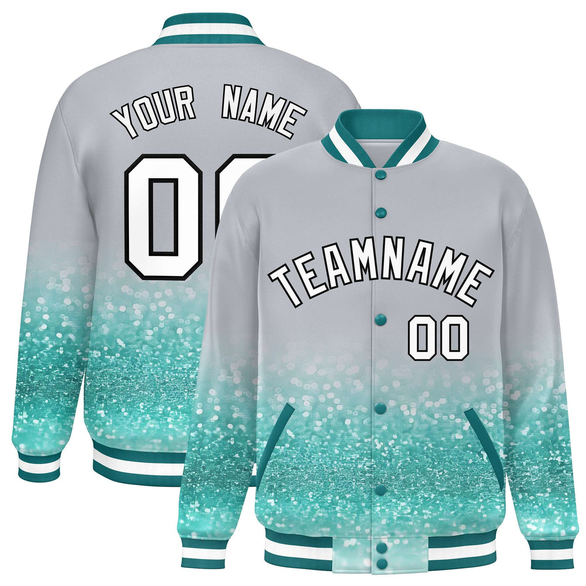 Custom Gray Varsity Full-Snap Sparkle-Effect Pattern Letterman Baseball Jacket