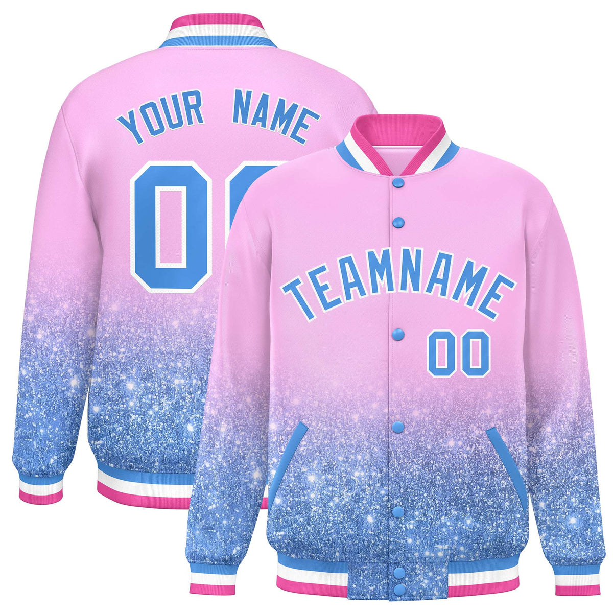 Custom Light Pink Varsity Full-Snap Sparkle-Effect Pattern Letterman Baseball Jacket