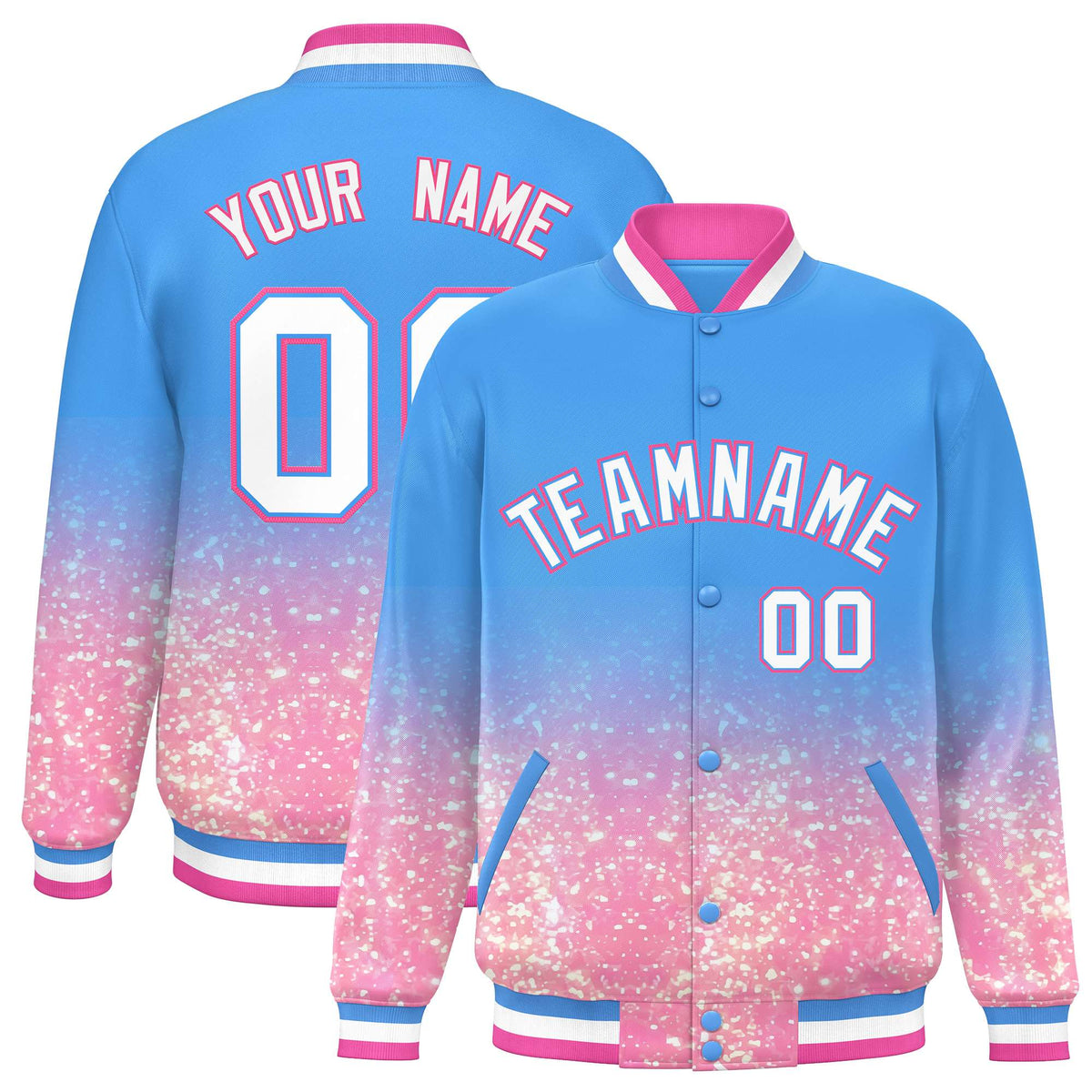Custom Powder Blue Varsity Full-Snap Sparkle-Effect Pattern Letterman Baseball Jacket