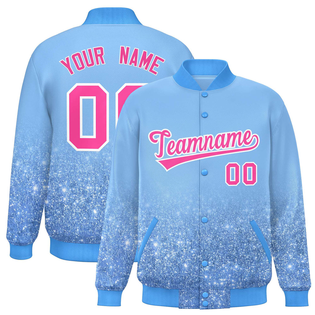 Custom Light Blue Varsity Full-Snap Sparkle-Effect Pattern Letterman Baseball Jacket