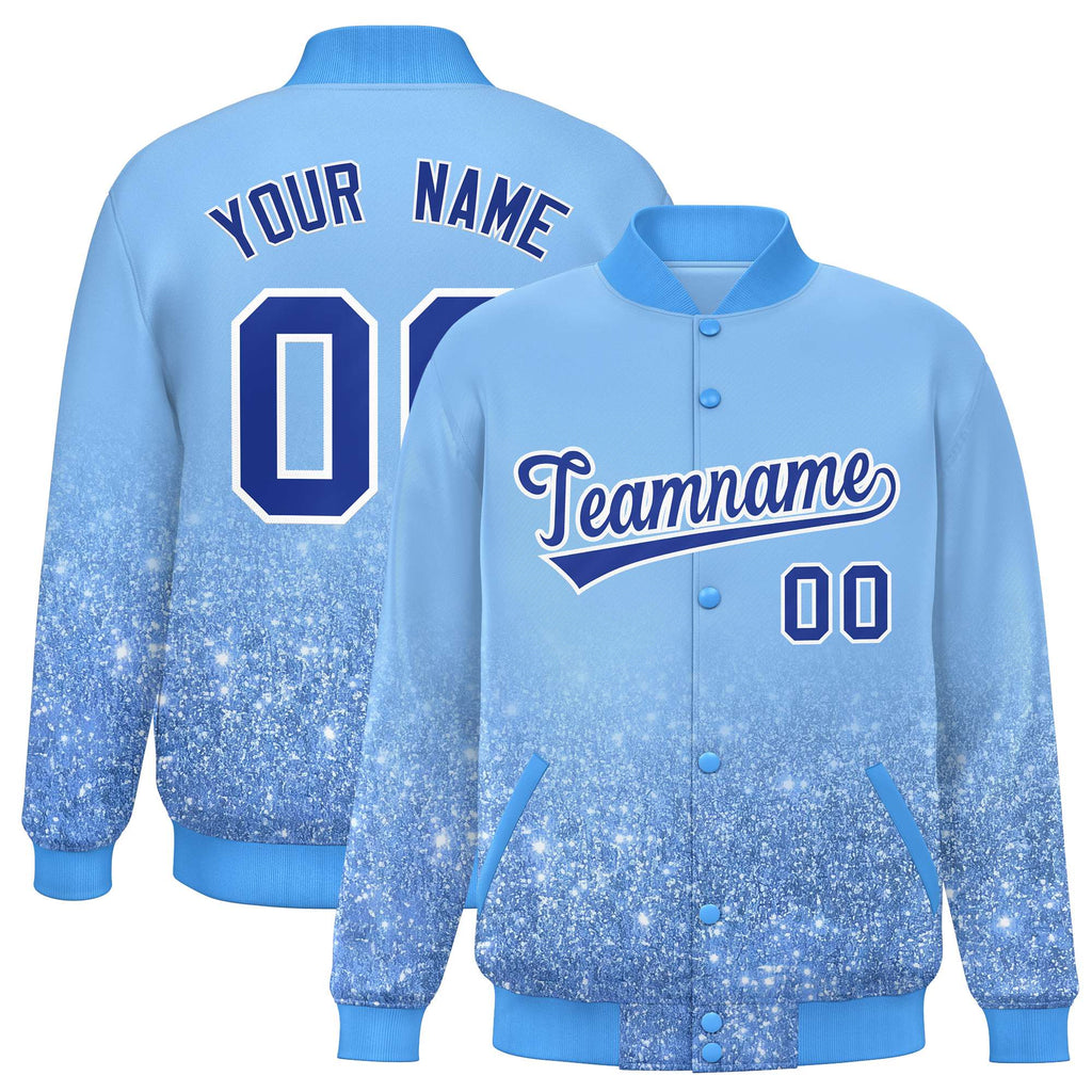 Custom Light Blue Varsity Full-Snap Sparkle-Effect Pattern Letterman Baseball Jacket