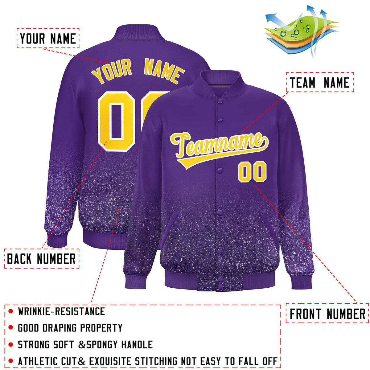 Custom Purple Varsity Full-Snap Sparkle-Effect Pattern Letterman Baseball Jacket