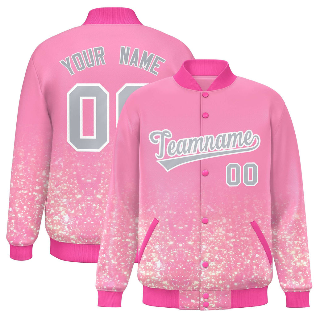 Custom Light Pink Varsity Full-Snap Sparkle-Effect Pattern Letterman Baseball Jacket