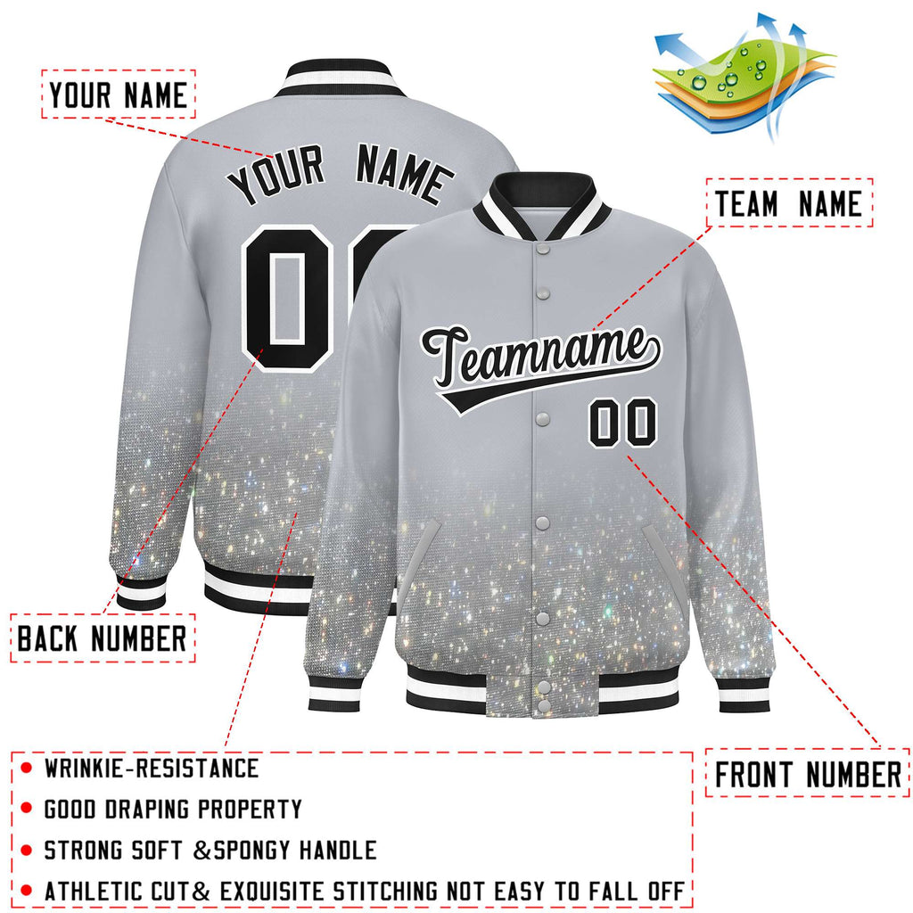 Custom Gray Varsity Full-Snap Sparkle-Effect Pattern Letterman Baseball Jacket