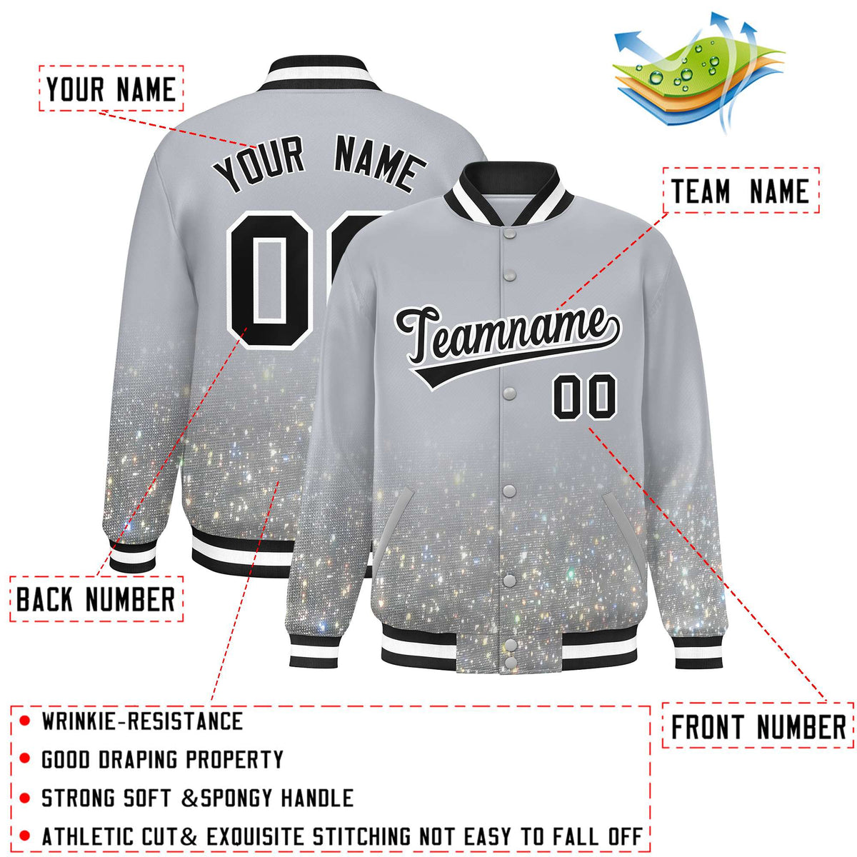 Custom Gray Varsity Full-Snap Sparkle-Effect Pattern Letterman Baseball Jacket