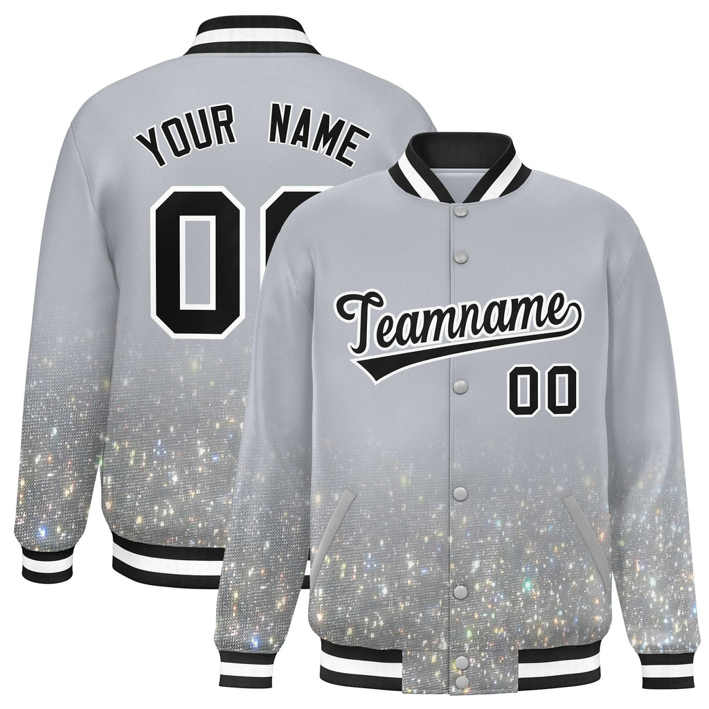 Custom Gray Varsity Full-Snap Sparkle-Effect Pattern Letterman Baseball Jacket