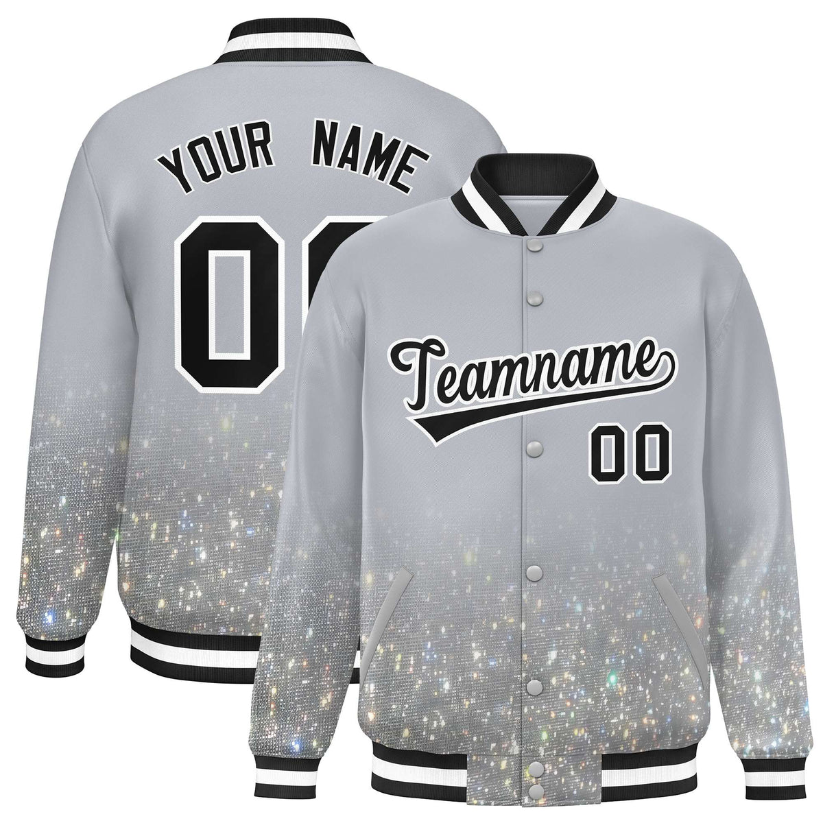 Custom Gray Varsity Full-Snap Sparkle-Effect Pattern Letterman Baseball Jacket