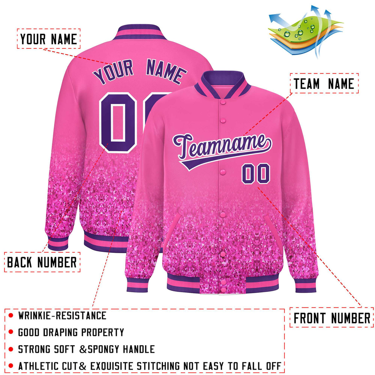 Custom Pink Varsity Full-Snap Sparkle-Effect Pattern Letterman Baseball Jacket