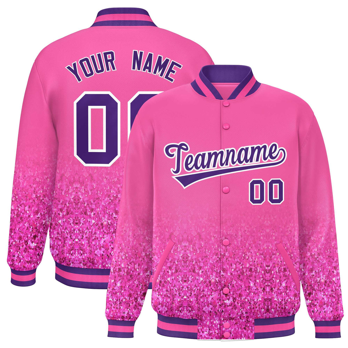 Custom Pink Varsity Full-Snap Sparkle-Effect Pattern Letterman Baseball Jacket