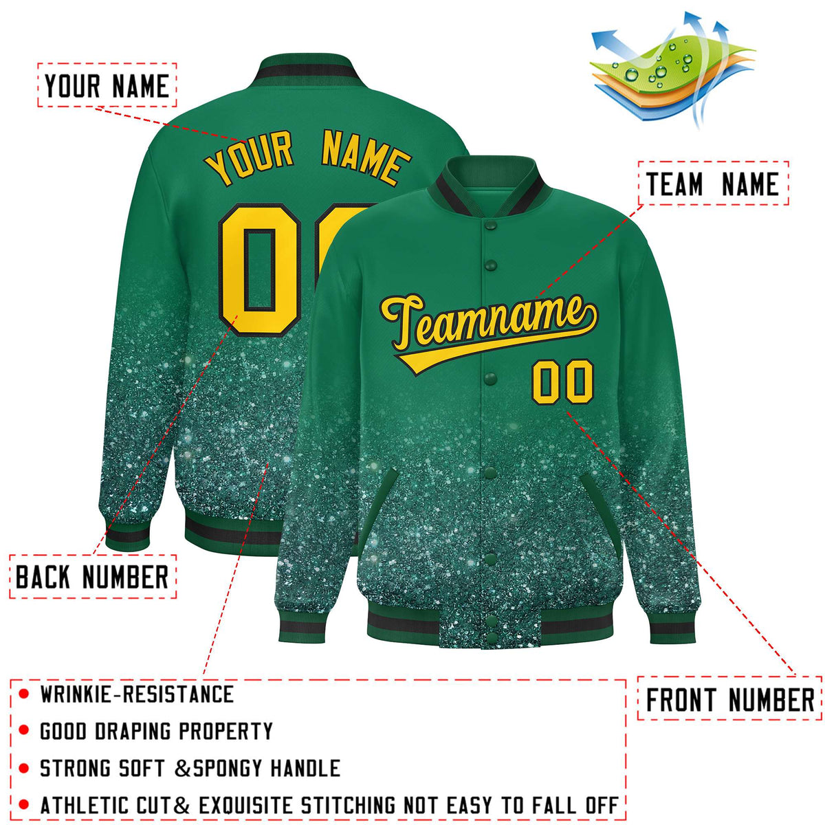 Custom Kelly Green Varsity Full-Snap Sparkle-Effect Pattern Letterman Baseball Jacket