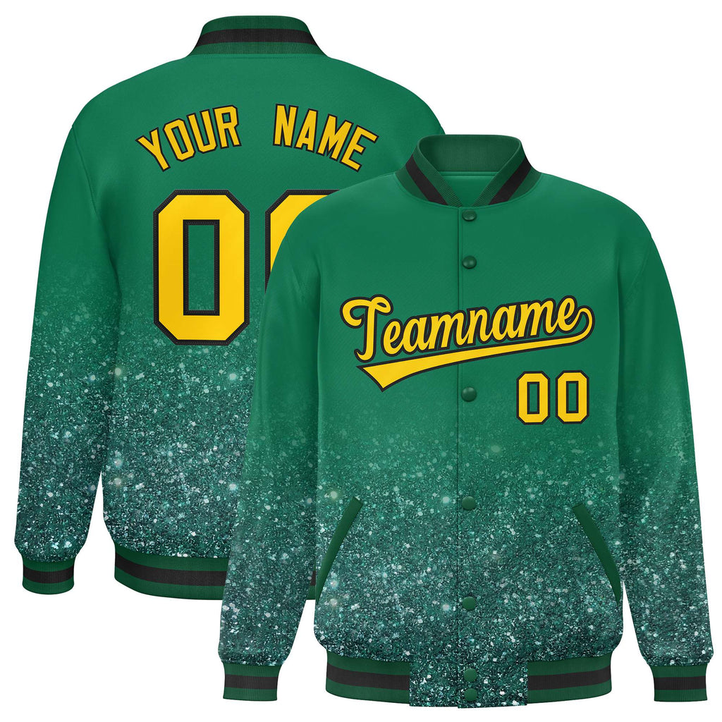 Custom Kelly Green Varsity Full-Snap Sparkle-Effect Pattern Letterman Baseball Jacket