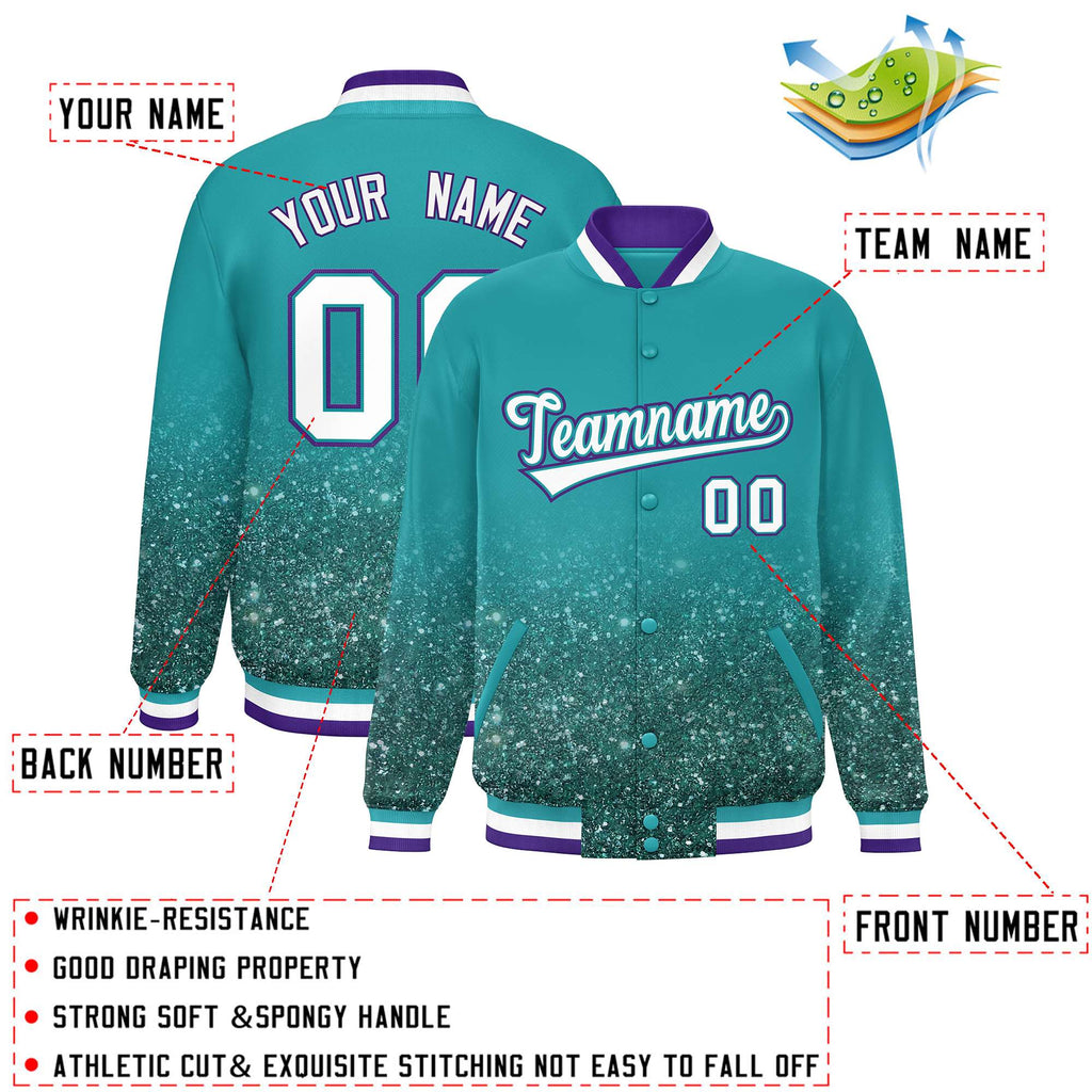 Custom Aqua Varsity Full-Snap Sparkle-Effect Pattern Letterman Baseball Jacket