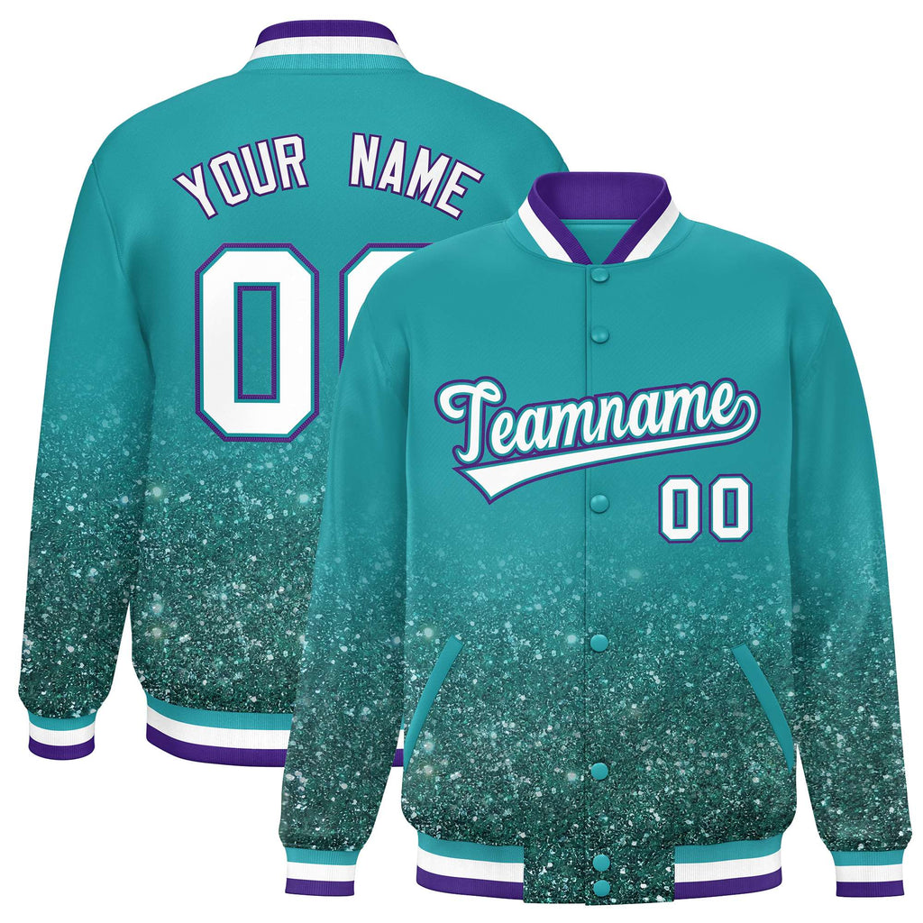 Custom Aqua Varsity Full-Snap Sparkle-Effect Pattern Letterman Baseball Jacket