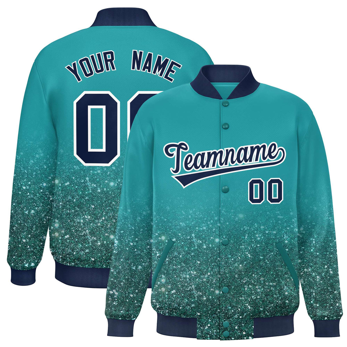 Custom Aqua Varsity Full-Snap Sparkle-Effect Pattern Letterman Baseball Jacket