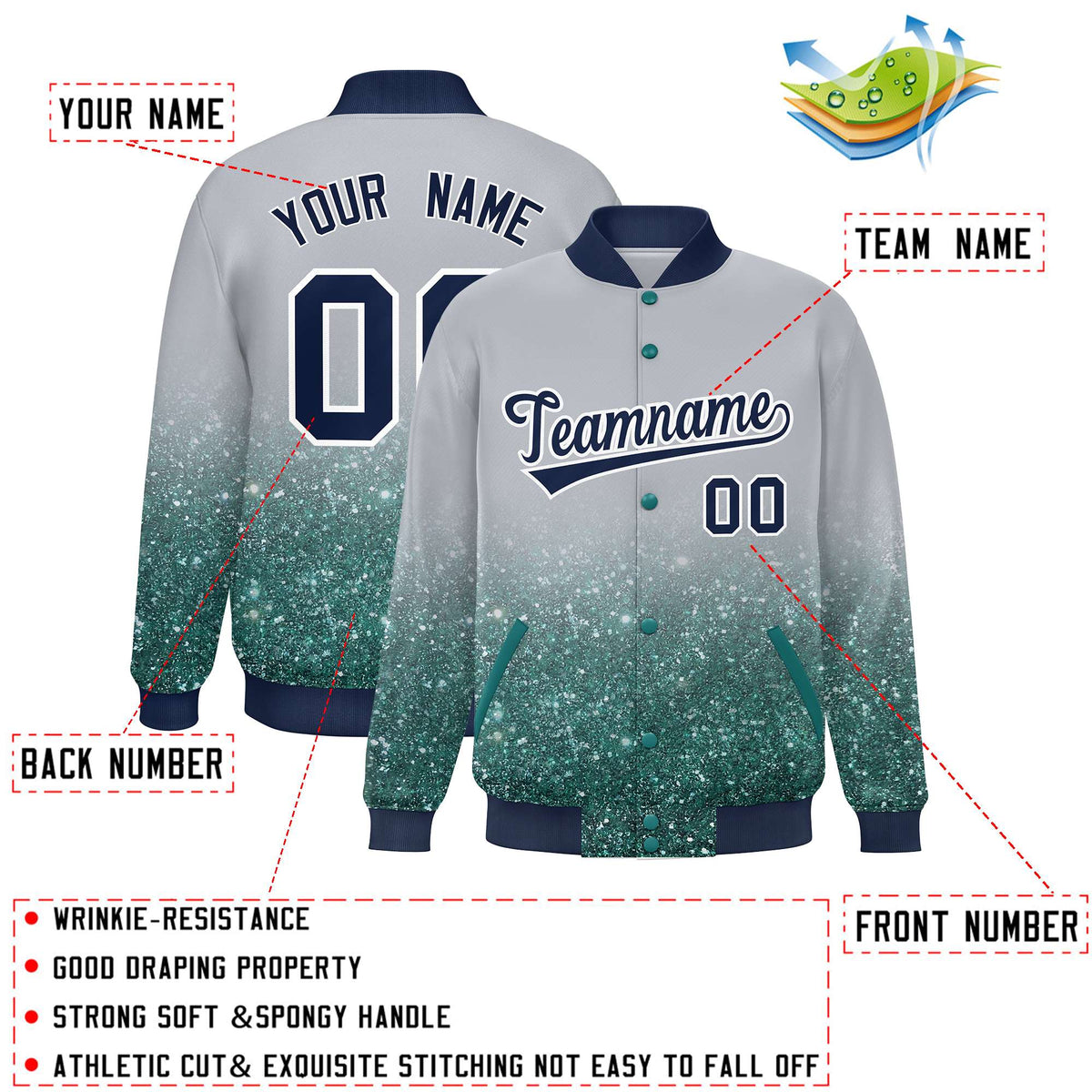 Custom Gray Varsity Full-Snap Sparkle-Effect Pattern Letterman Baseball Jacket