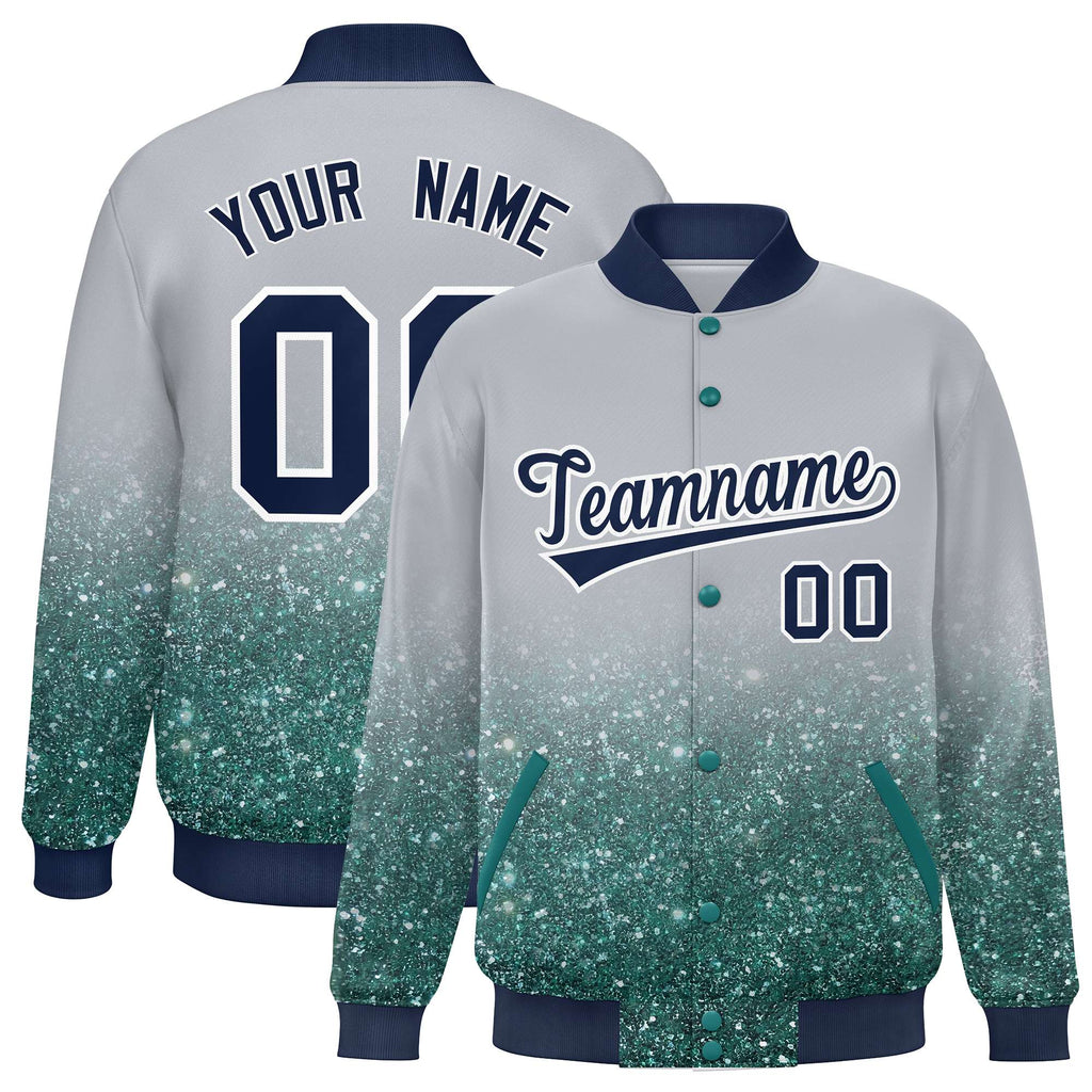 Custom Gray Varsity Full-Snap Sparkle-Effect Pattern Letterman Baseball Jacket