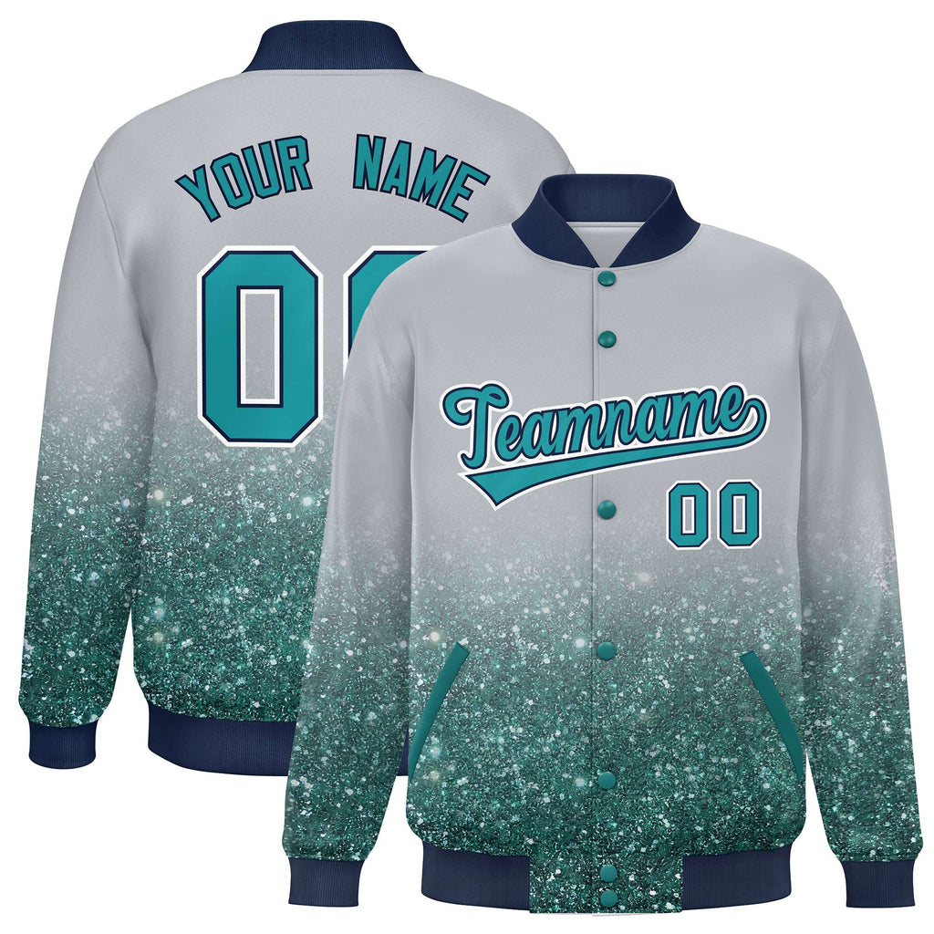Custom Gray Varsity Full-Snap Sparkle-Effect Pattern Letterman Baseball Jacket