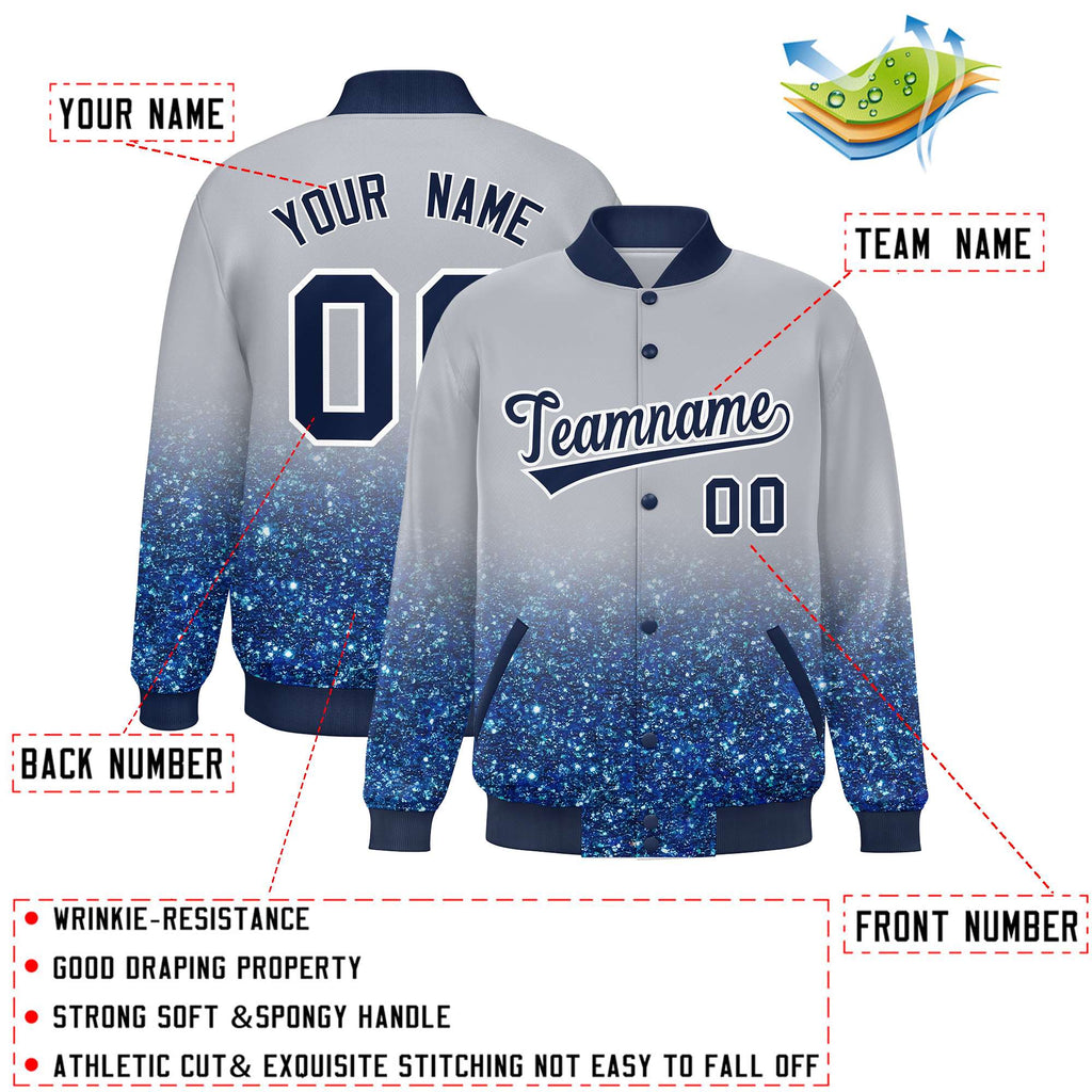 Custom Gray Varsity Full-Snap Sparkle-Effect Pattern Letterman Baseball Jacket
