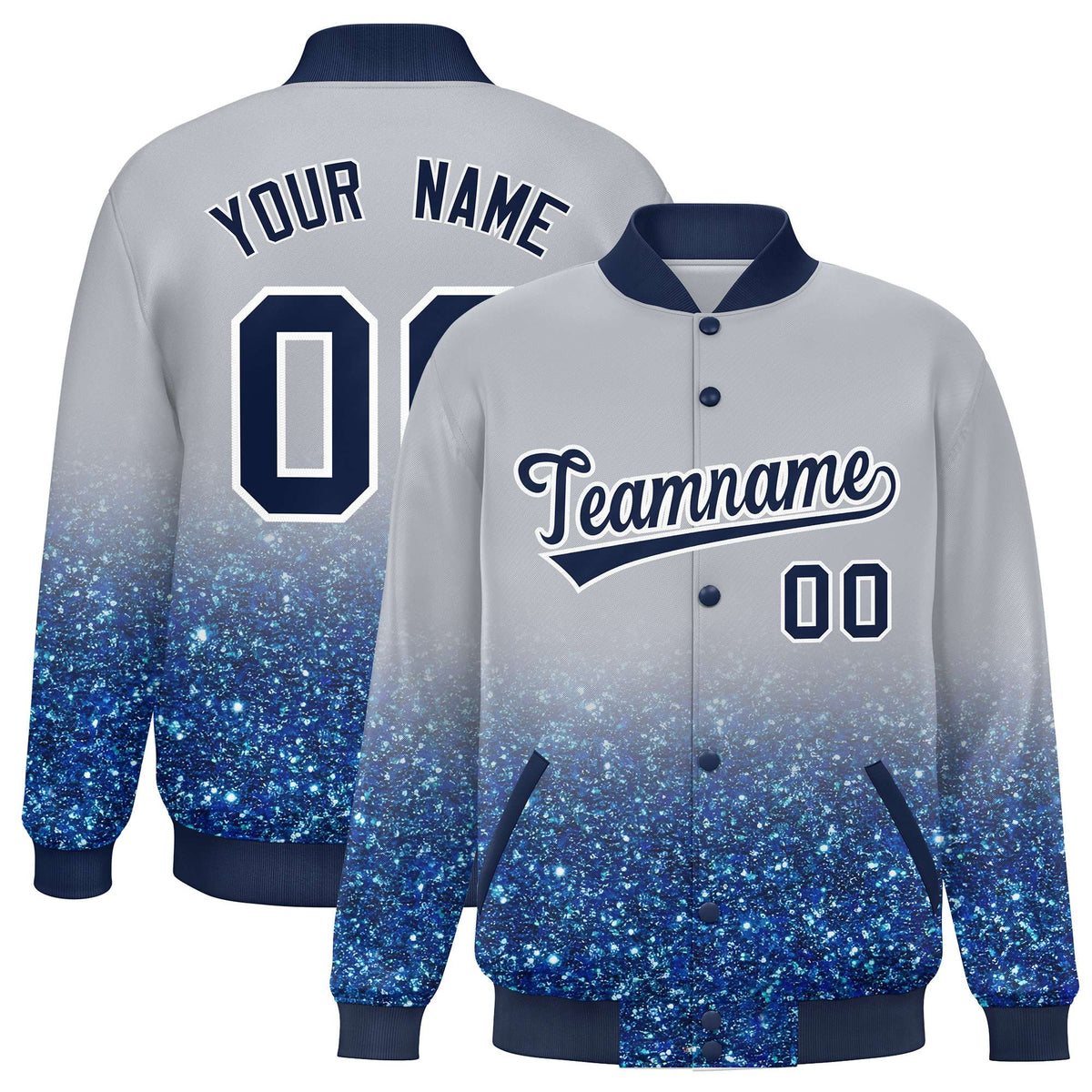 Custom Gray Varsity Full-Snap Sparkle-Effect Pattern Letterman Baseball Jacket