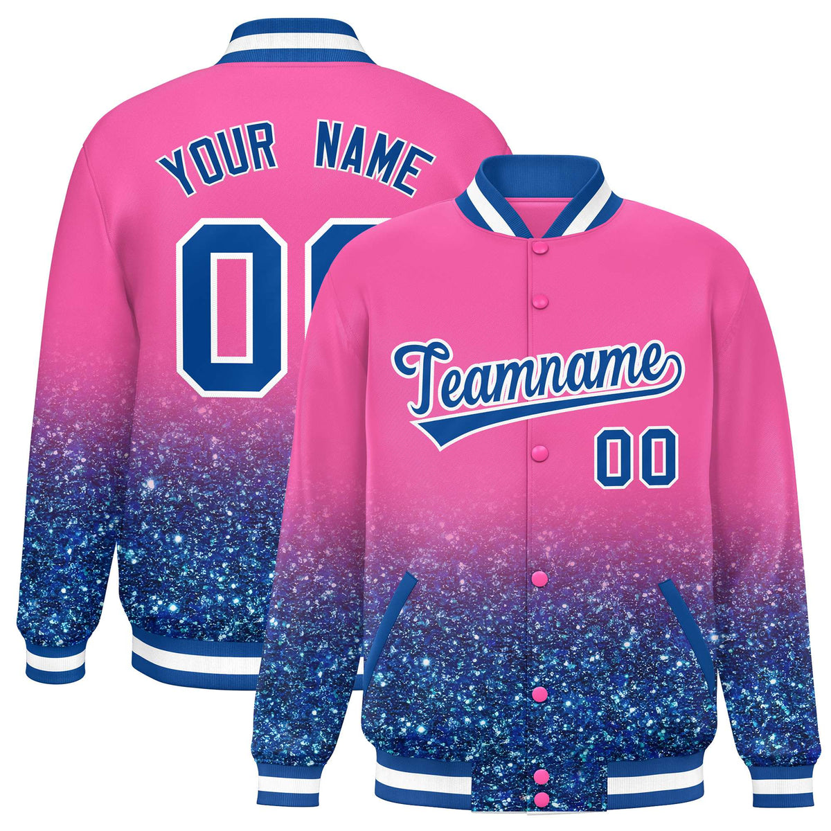 Custom Pink Varsity Full-Snap Sparkle-Effect Pattern Letterman Baseball Jacket